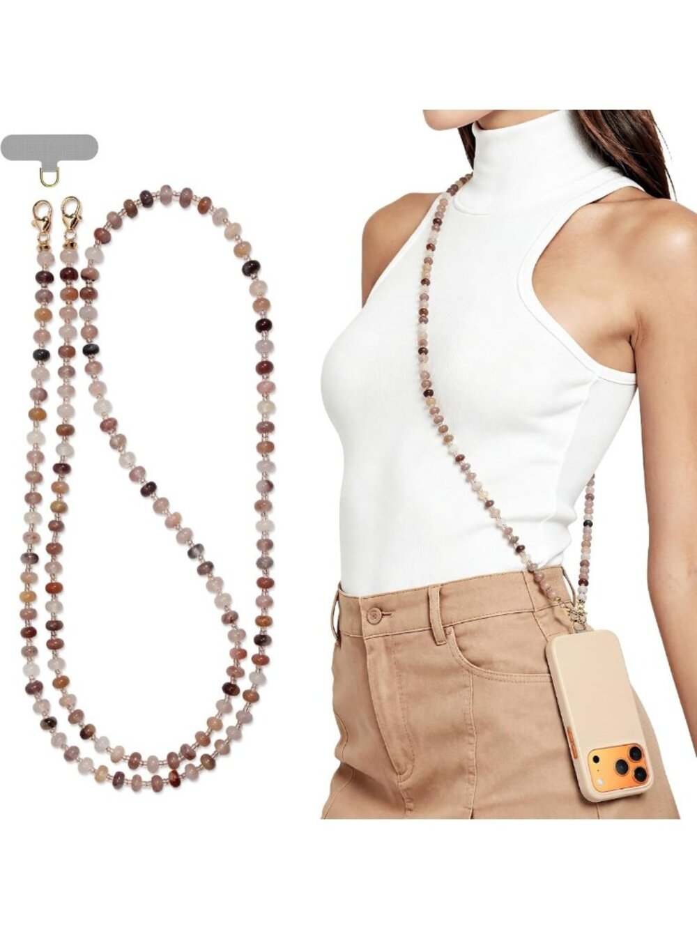 Stylish Natural Stone Phone Lanyard, Crystal Crossbody Strap, Hands-Free